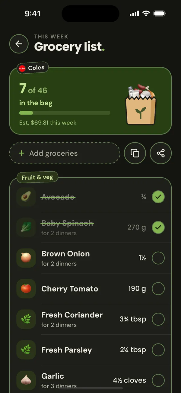nomi's grocery list in dark mode, with 7 of 46 items in the bag.