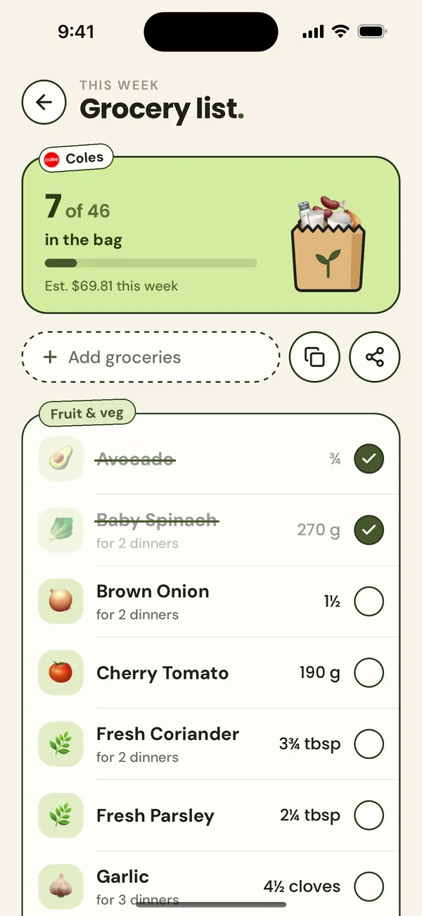 nomi's grocery list: 7 of 46 items in the bag, with avocado and baby spinach ticked off, grouped by aisle, with amounts needed.