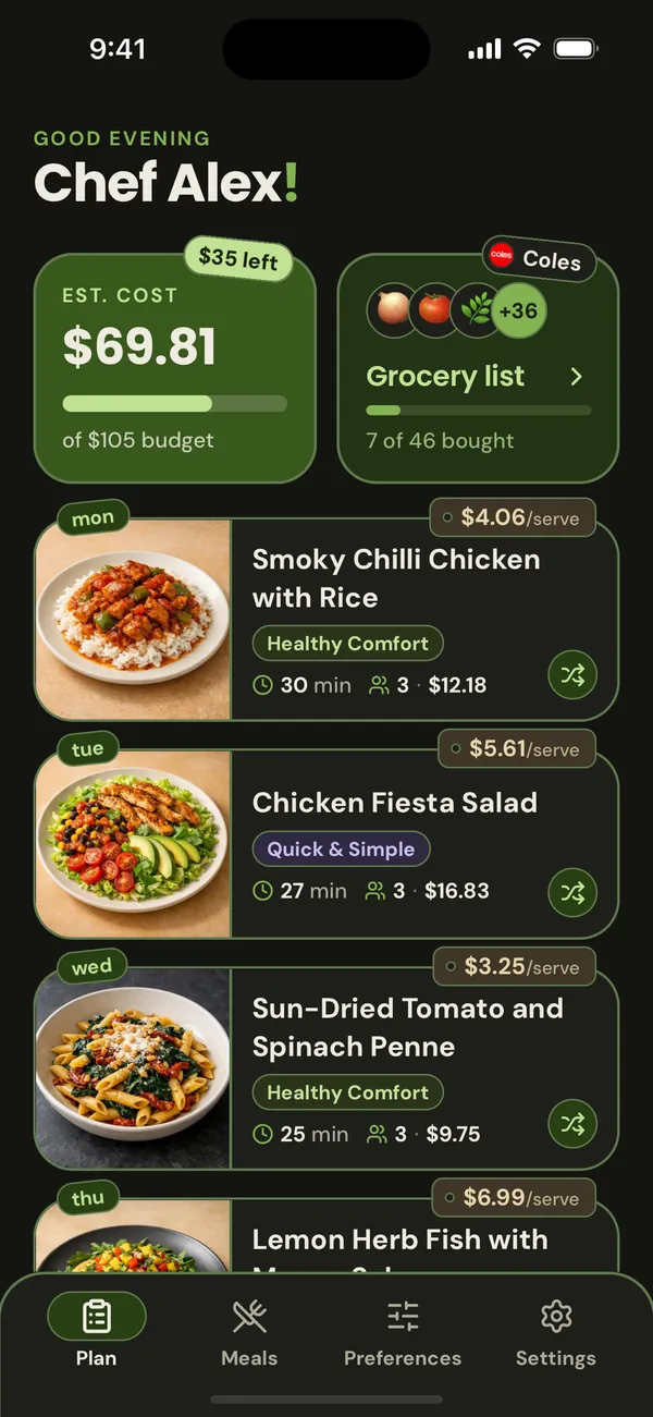 nomi's Plan tab in dark mode: an estimated $69.81 of a $105 budget and the week's dinners.