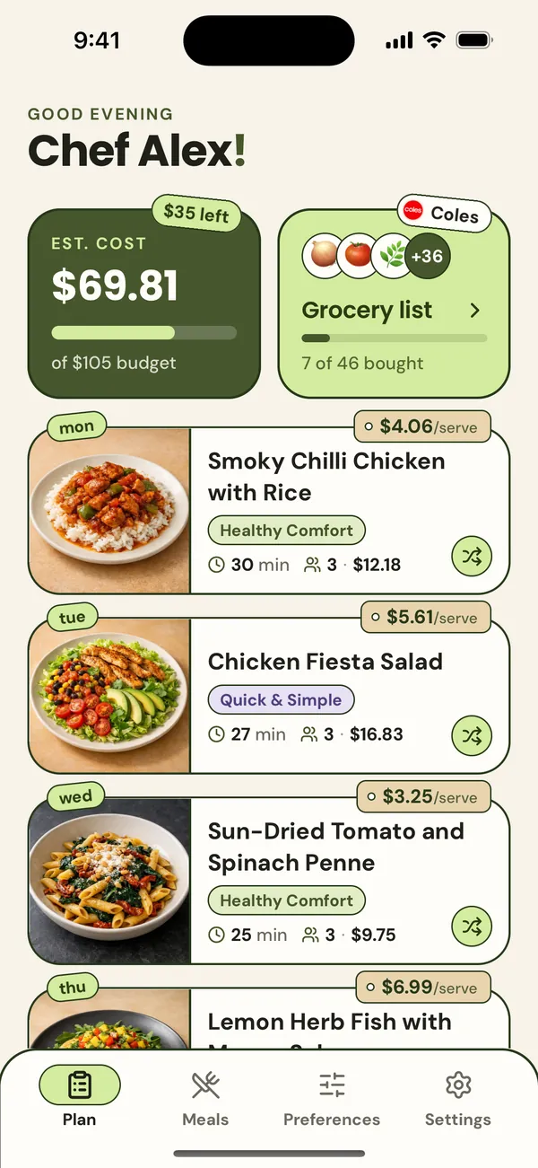 nomi's Plan tab: an estimated $69.81 of a $105 budget with $35 left, the grocery list with 7 of 46 items bought, and a dinner for each night, starting with Smoky Chilli Chicken with Rice.