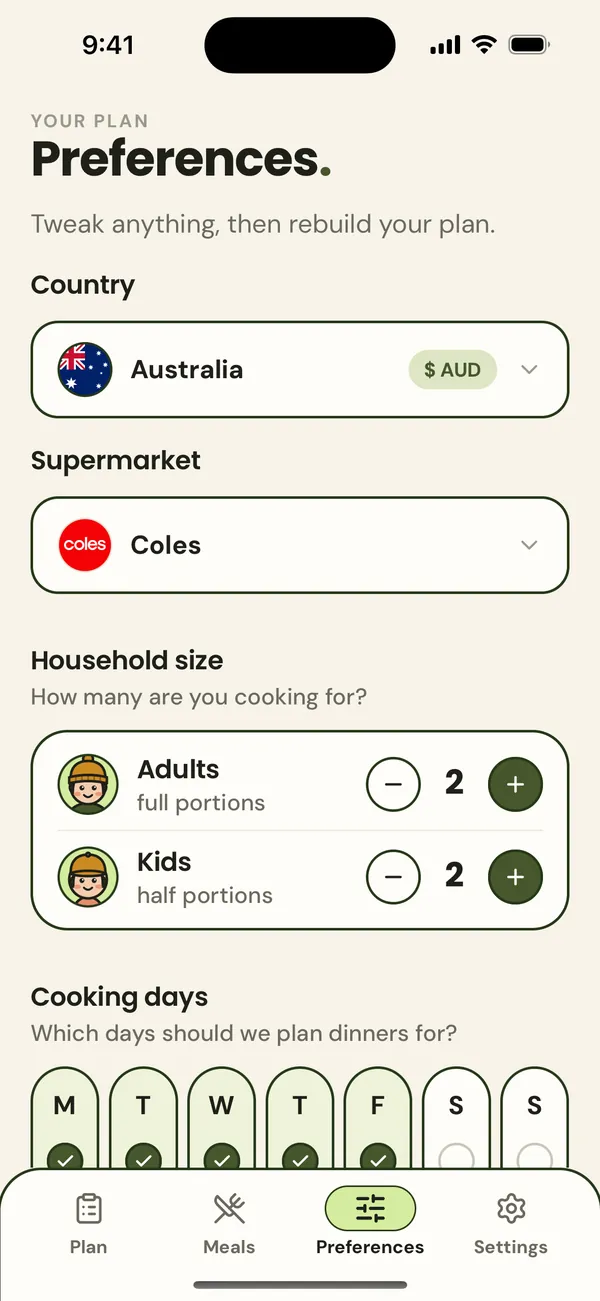 Preferences: Australia, Coles as the supermarket, and a household of 2 adults and 2 kids, ready to tweak.